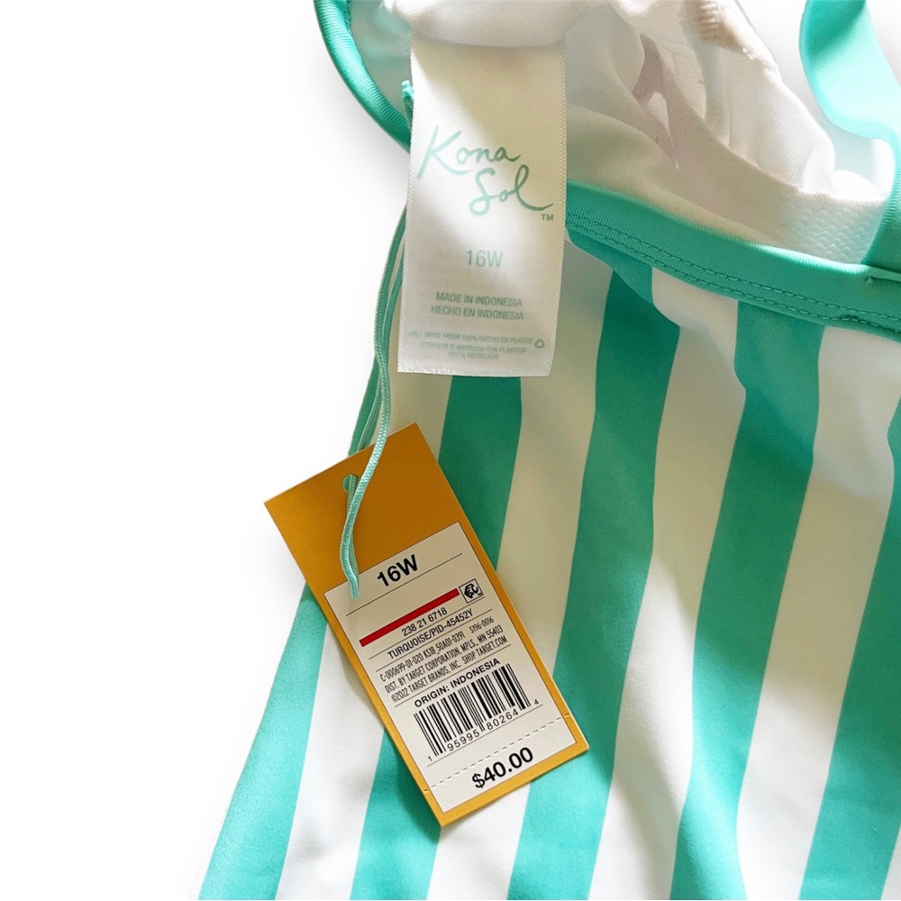 Kona Sol Turquoise Stripe One‑Piece Swimsuit 16W XXL - NWT - Picture 7 of 11